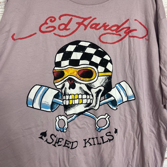 Mens ED HARDY Lavendar Speed Kills Biker Cycle Shirt sz 4XL NWT - Picture 2 of 5